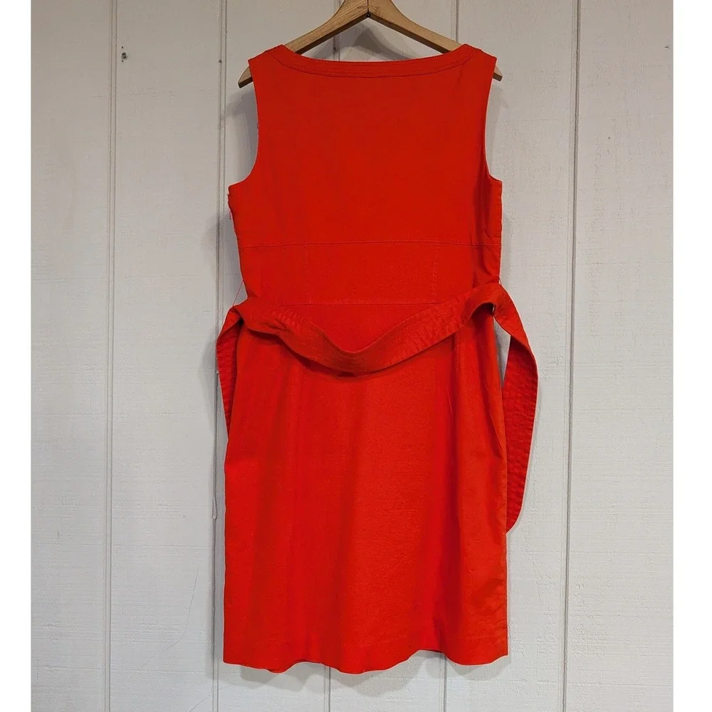 Tory Burch Orange‎ Red Cotton Belted Sheath Dress Square Neck Pockets